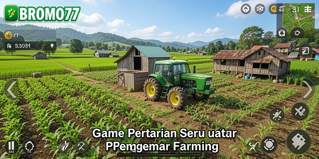 Tampilan gameplay BROMO77 yang menampilkan pertanian yang indah dan beragam aktivitas.