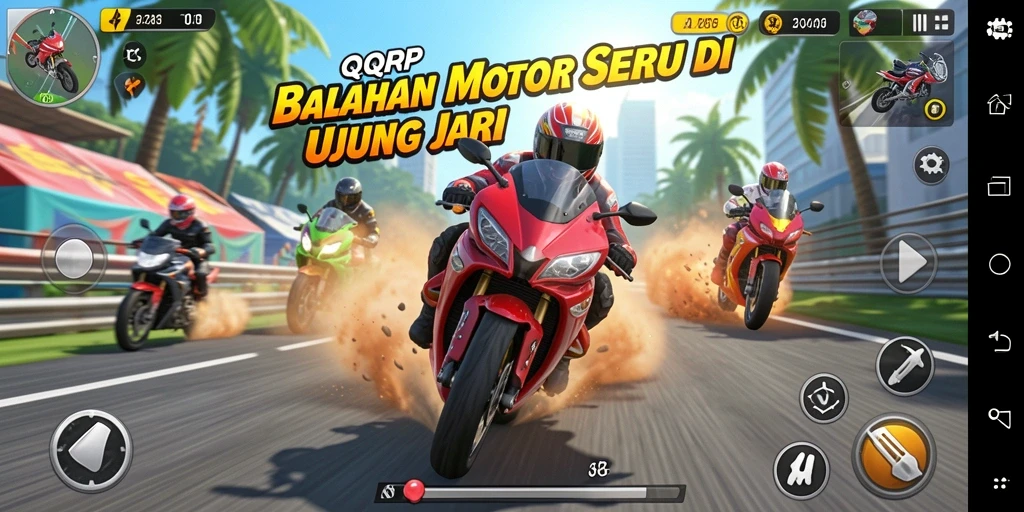 Tampilan seru gameplay QQRP dengan balapan motor yang mendebarkan.