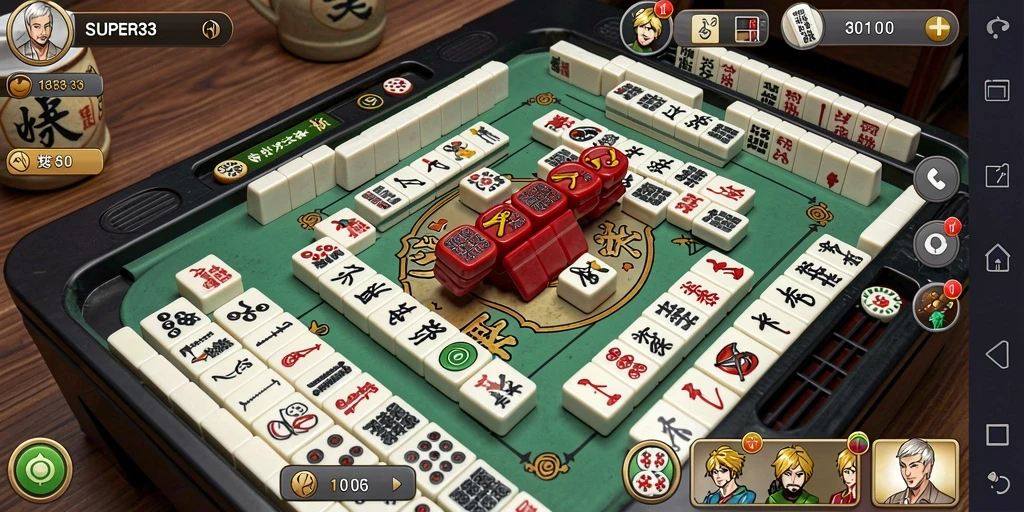 Tampilan gameplay SUPER33 yang mendebarkan dengan ubin Mahjong berwarna-warni.