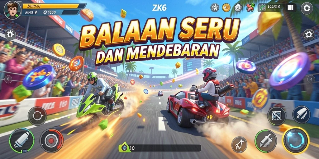 Tampilan gameplay ZK6 dengan aksi balapan yang mendebarkan.