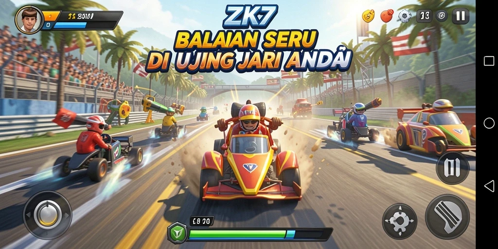 Screenshot gameplay ZK7 dengan balapan yang mendebarkan dan mobil cepat.